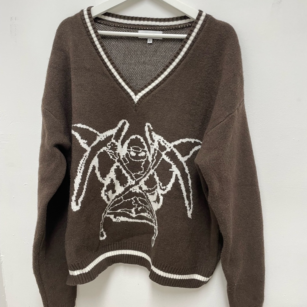 Brown and White Knit Sweater Heaven can Wait Size L